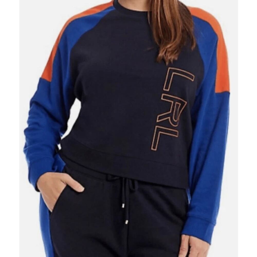Lauren Ralph Lauren Colorblock Logo Cropped Sweatshirt Navy Orange Size XL